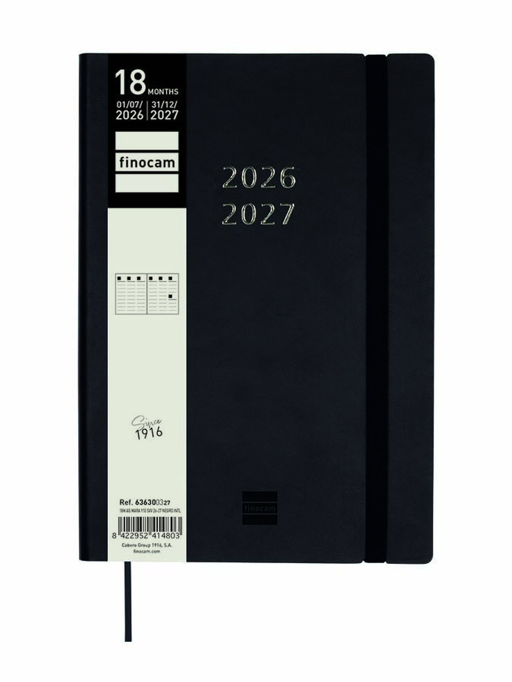 Agenda Finocam 18M Mara Y10 Sem/Vista Vertical Multiling&uuml;e 2026-27 Negro
