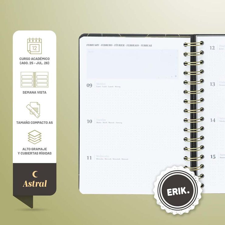 Agenda escolar Erik A5 setm/vista multilingüe 2025-26 Astral