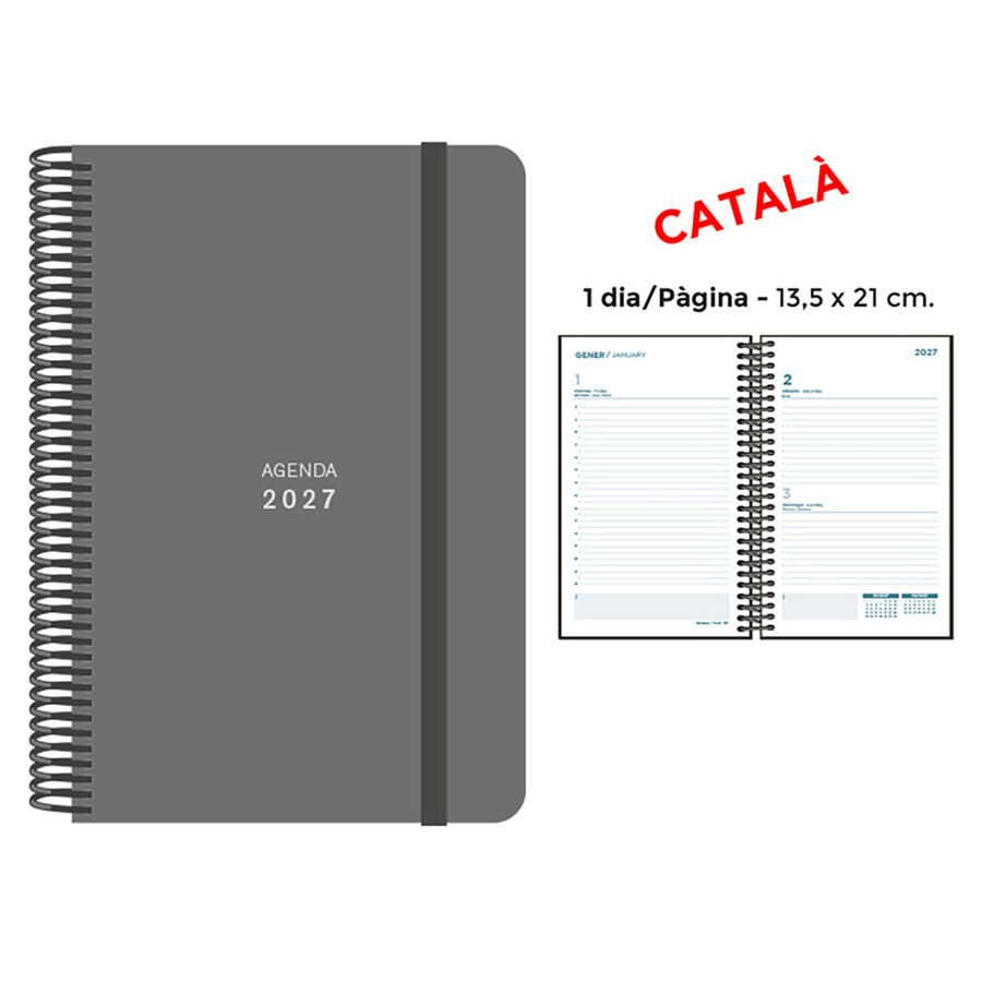 Agenda Espiral Finocam 13,5x21 cm Catal&aacute;n D&iacute;a P&aacute;gina 2027 Gris