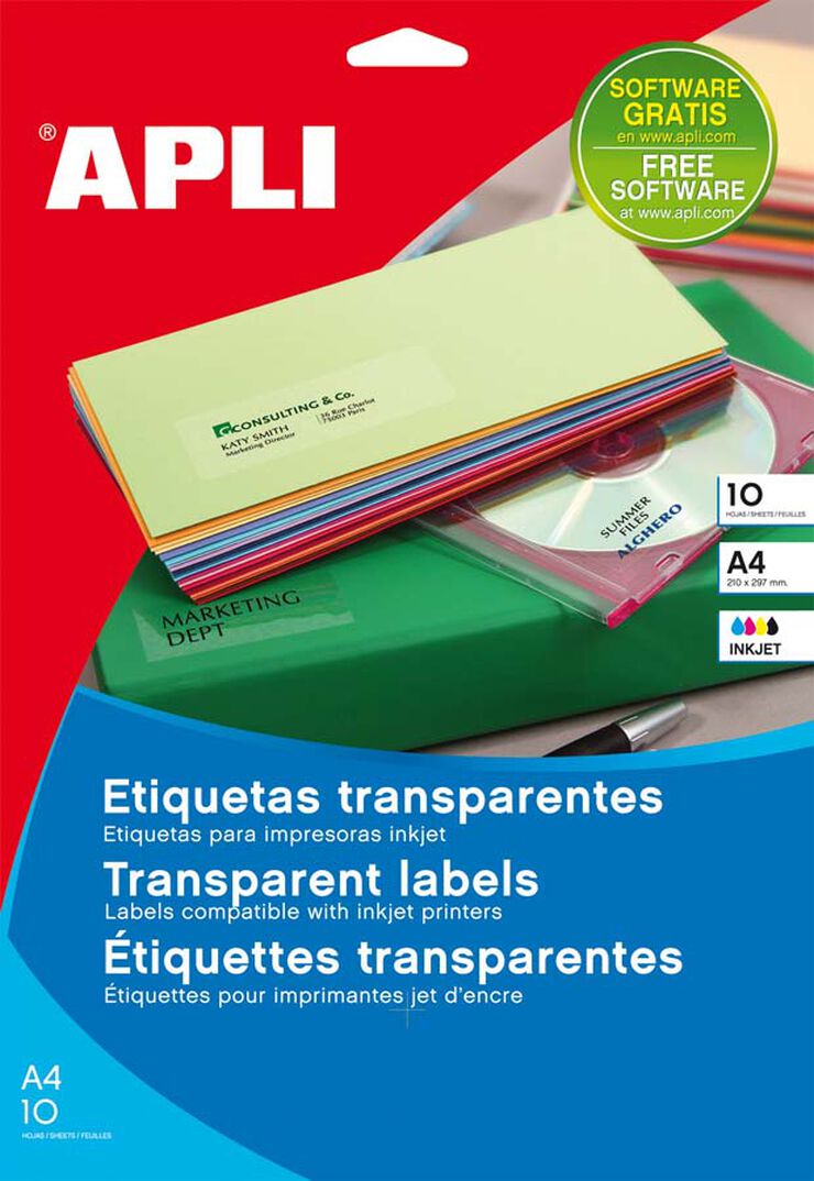 Etiqueta Apli Inkjet Transparent 63,5x38mm 10 hojas