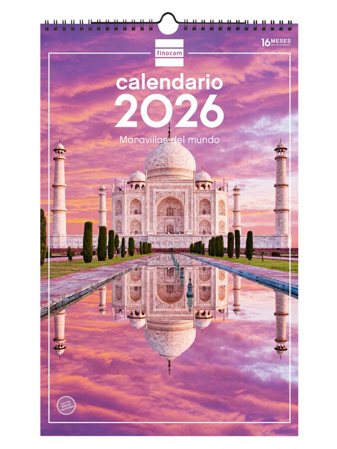 Calendario pared Finocam espiral 25x40 2026 Maravillas Del Mundo castellano