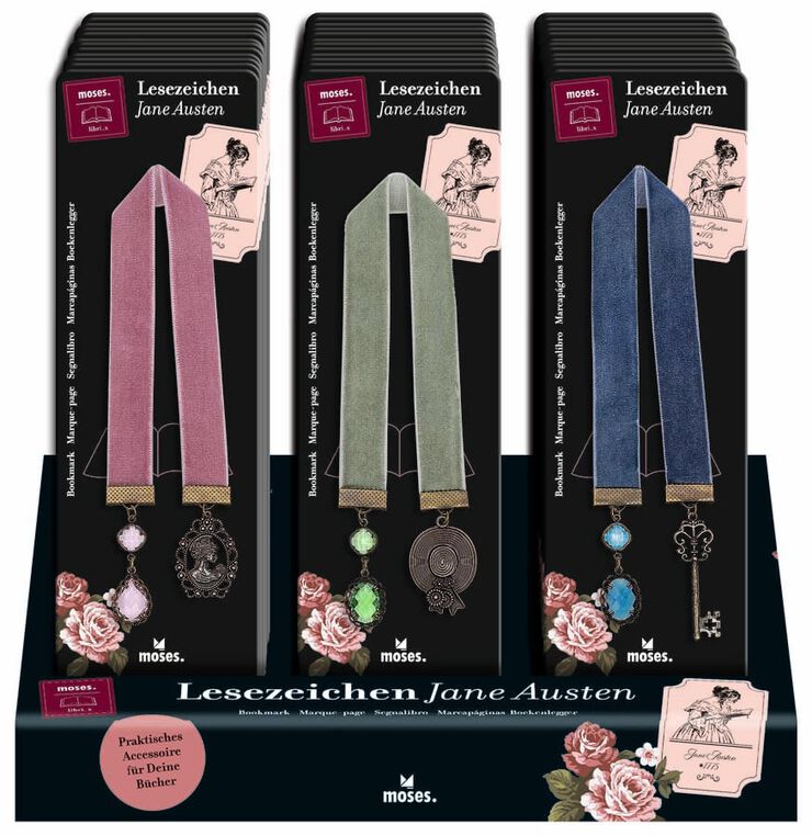 Marcap&aacute;ginas cinta terciopelo y colgantes Jane Austen