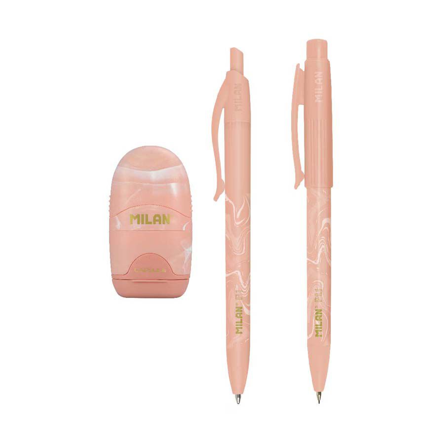 Bl&iacute;ster Bol&iacute;grafo + Portaminas + Sacapuntas con Goma Milan Lava Rosa