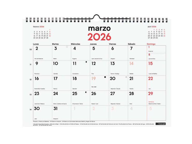 Calendario Finocam pared 16 meses  34x24cm cas 2025-26