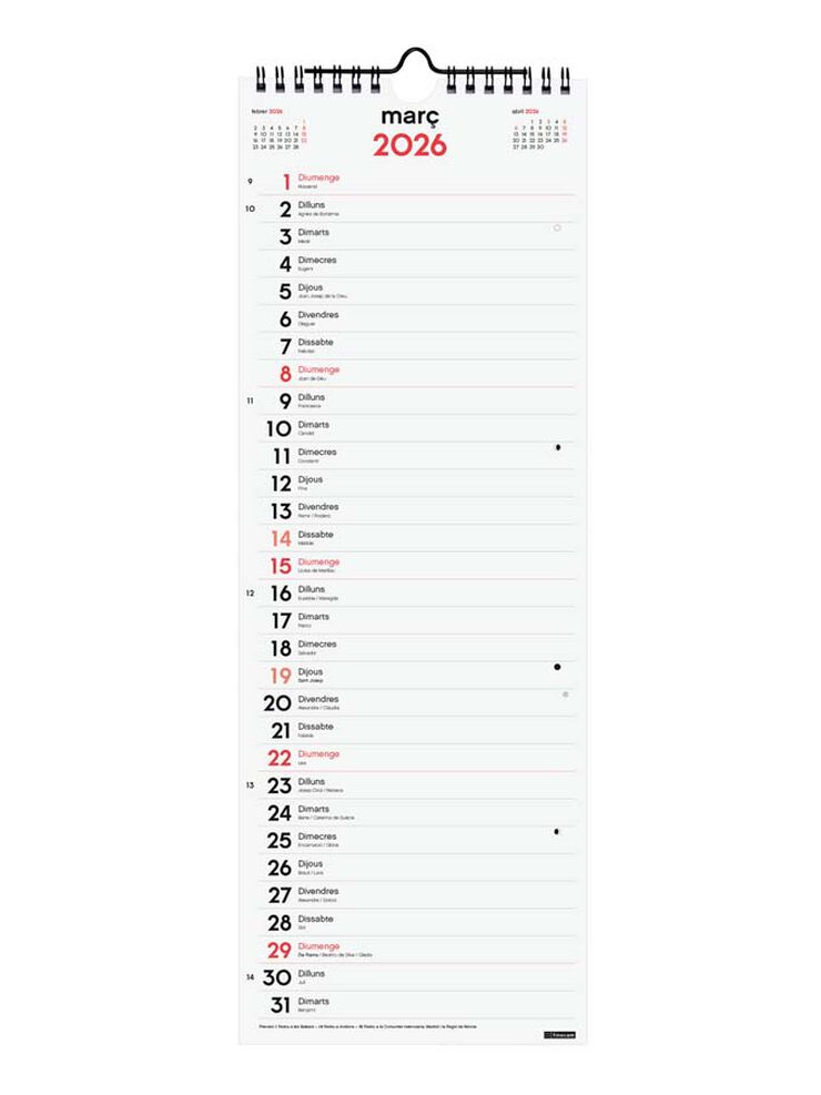 Calendario pared Finocam Escribir Largo L 2026 catalán