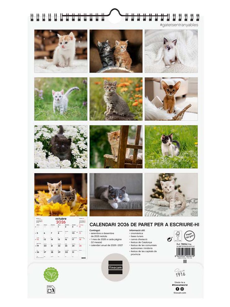 Calendario pared Finocam espiral 25x40 2026 Gatitos catalán