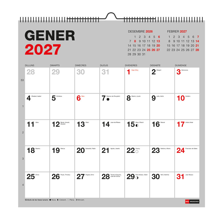 Calendario Miquelrius Pared 30x30 Catal&aacute;n 2027 Basic