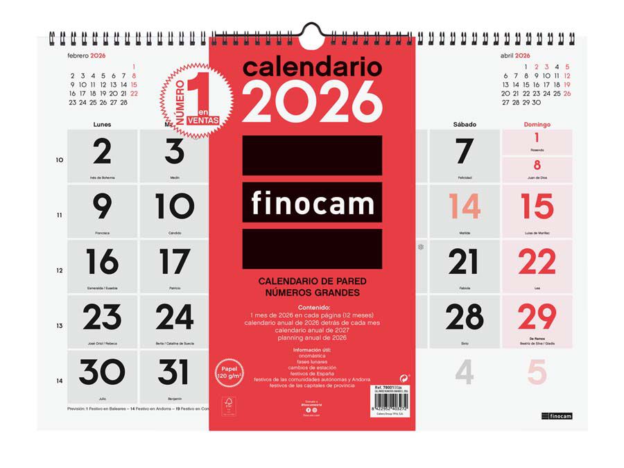 Calendario pared Finocam N&uacute;meros grandes L 2026 castellano