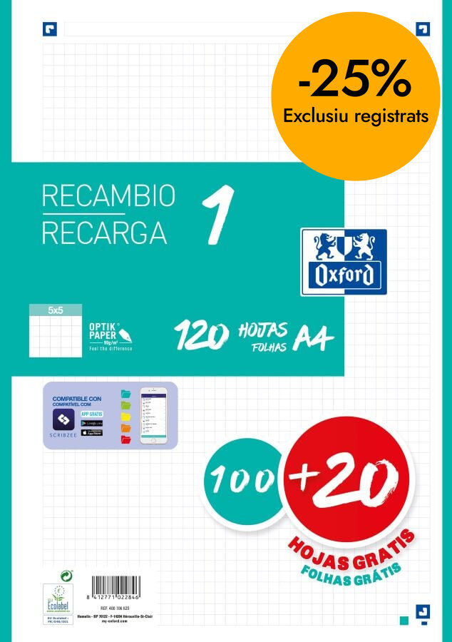 Recambio Note book 1 Oxford A4 5x5 100+20 hojas verde menta