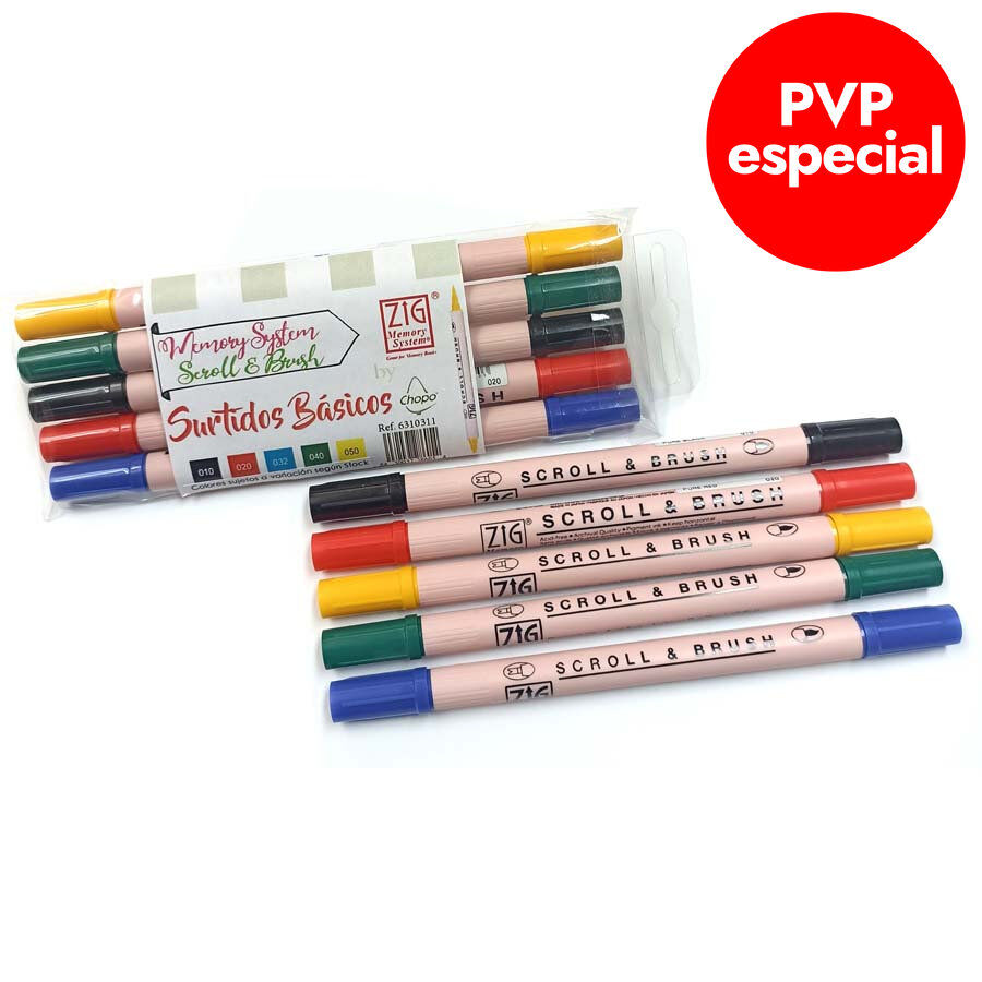 Rotuladores Zig Scroll&Brush b&aacute;sicos 5 colores
