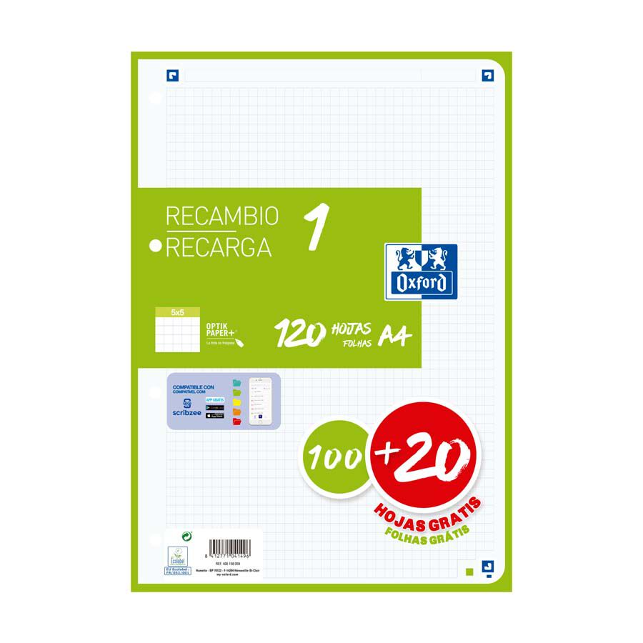Recambio Note book 1 Oxford A4 5x5 100+20 hojas verde