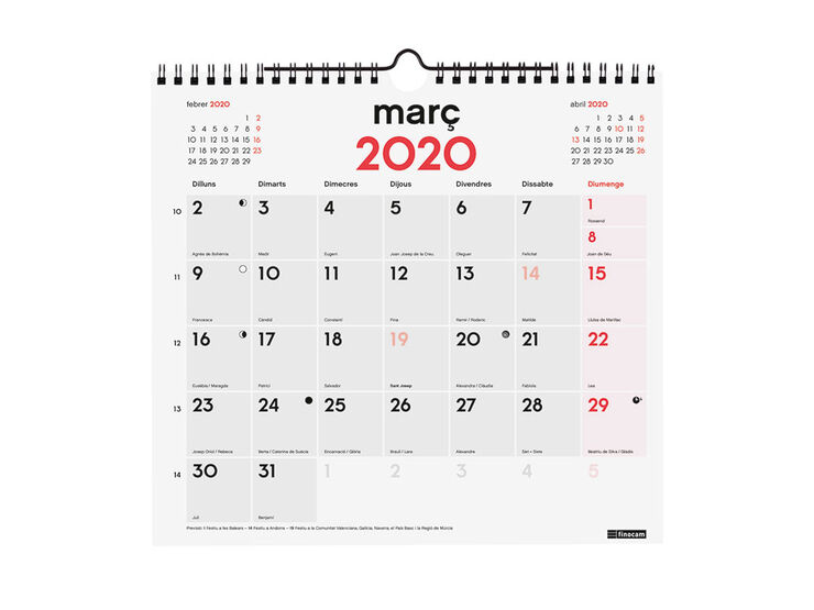 Calendari Paret per escriure M 2020 Català Vermell