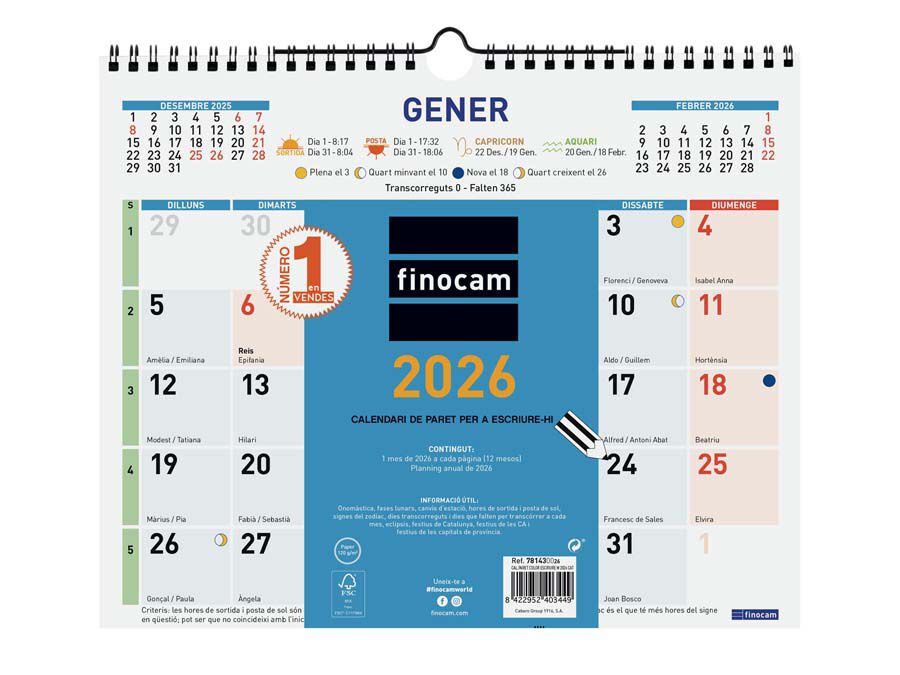 Calendari paret Finocam Color Escriure M 30x24 2026 catal&agrave;