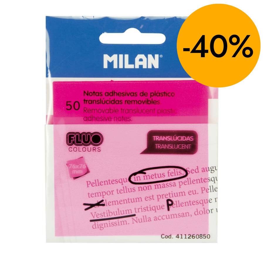 Bloc Notes adhesives transl&uacute;cides Milan rosa fluorescent