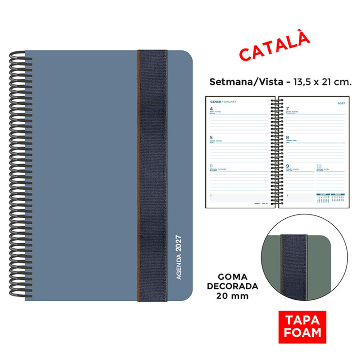Agenda Espiral Finocam 13,5x21 cm Catal&aacute;n Semana Vista Foam 2027 Plomo