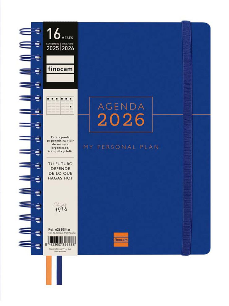 Agenda Finocam 16 meses Tempus 1/4 sem/vista vertical cas 2025-26 azul