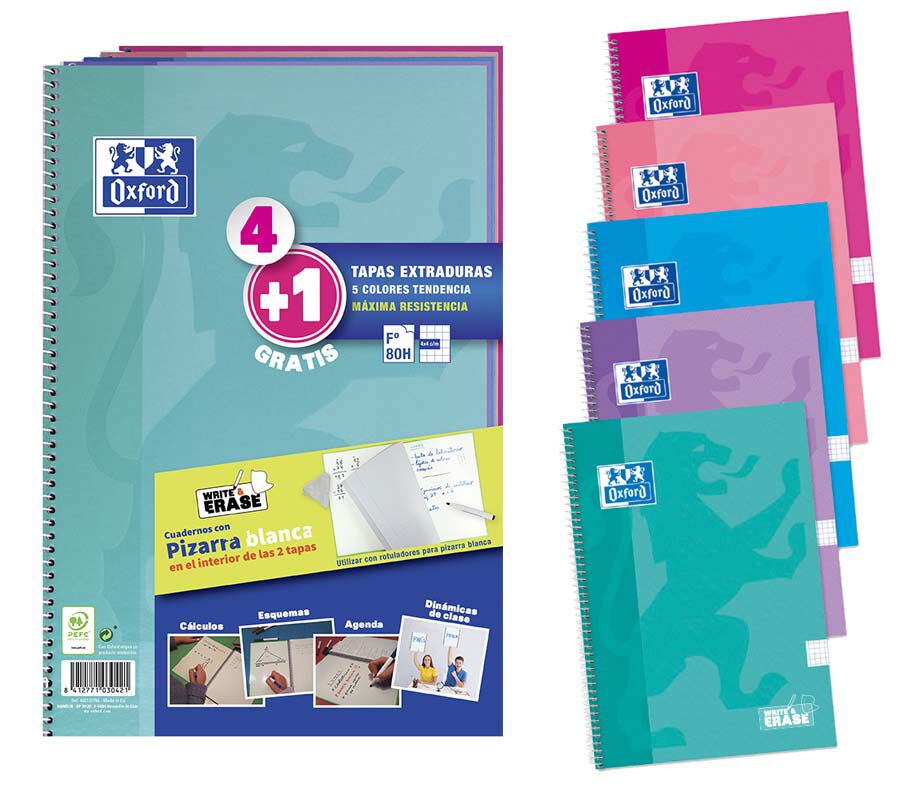Libretas espiral Oxford Folio 80 hojas 4x4 colores pastel 4+1u