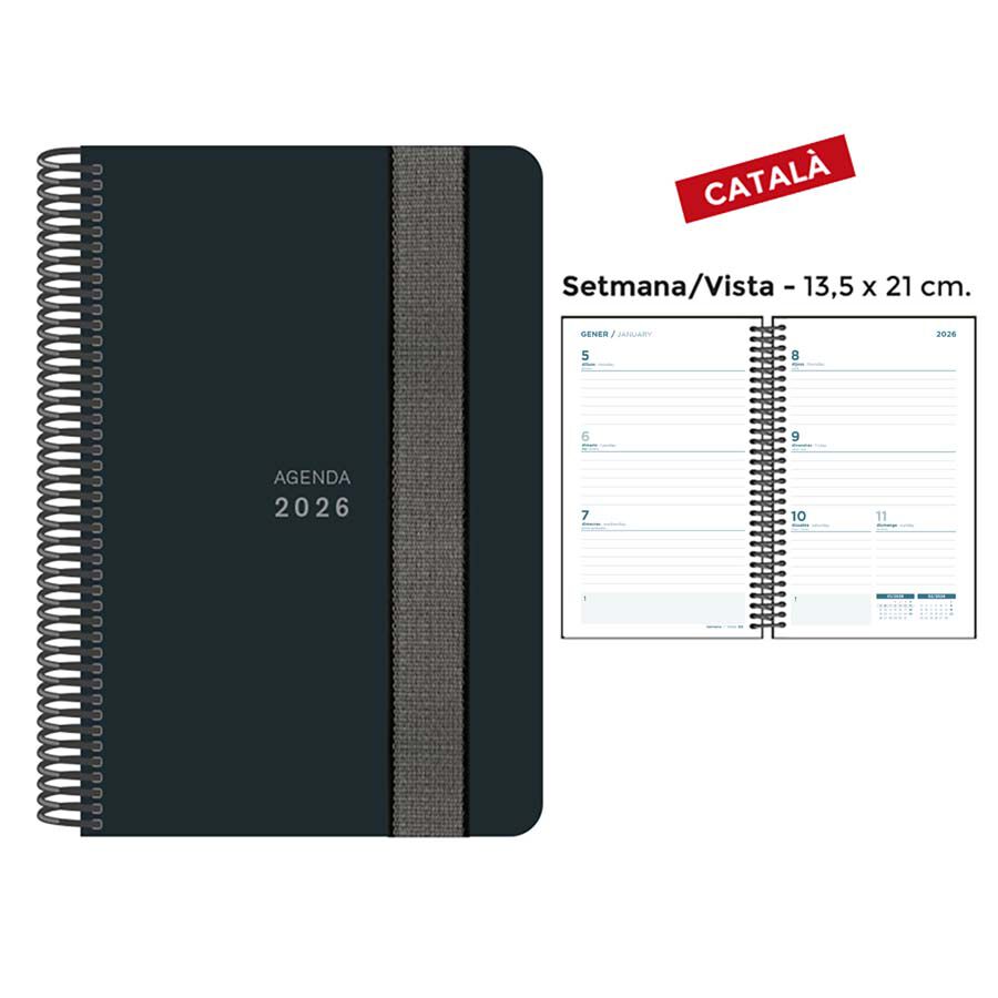 Agenda espiral Senfort 13,5x21 setm/vista catal&agrave; 2026 negre