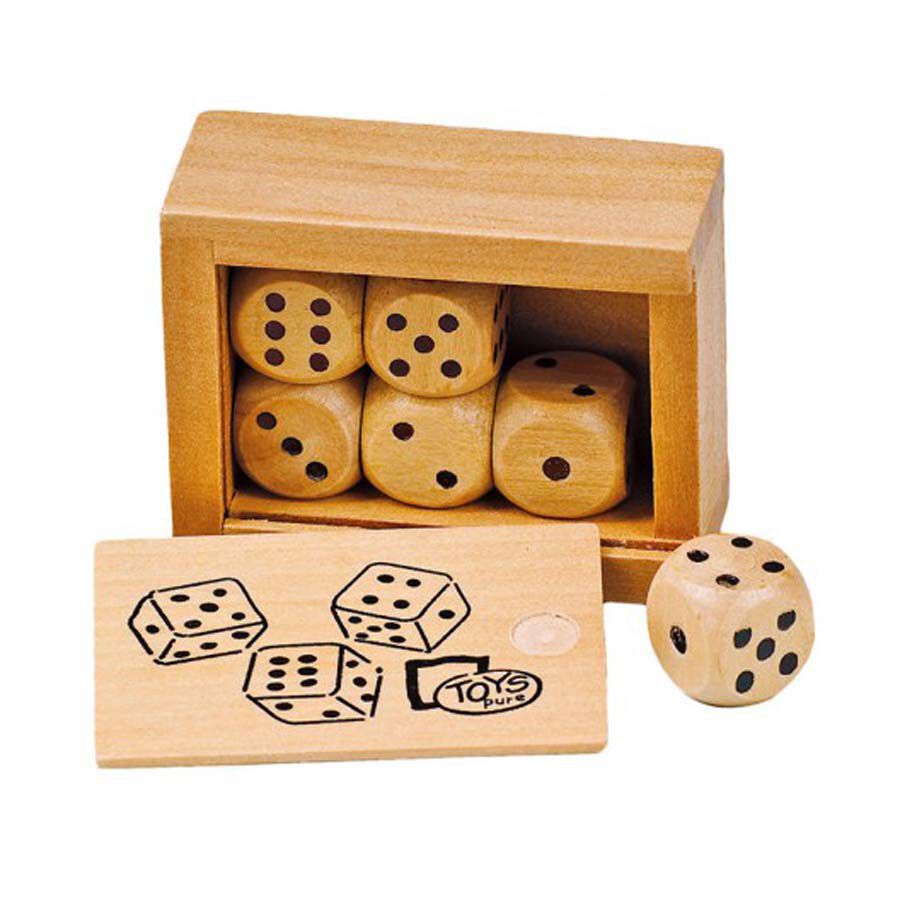 Caixa amb 6 daus de fusta