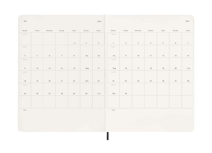 Agenda Moleskine 12 mesos setm/vista 2026 tapa tova XL negre