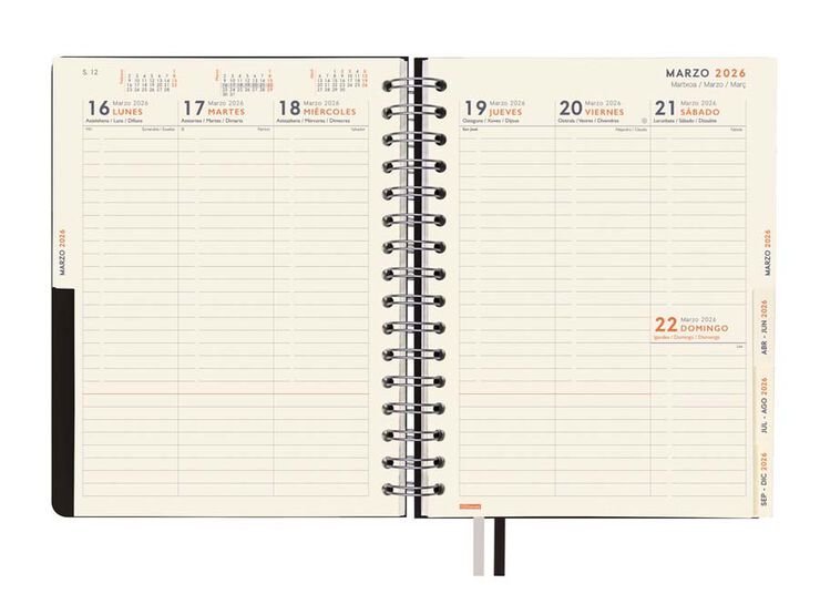 Agenda Finocam 16 mesos Tempus 1/4 setm/vista vertical cas 2025-26 negre