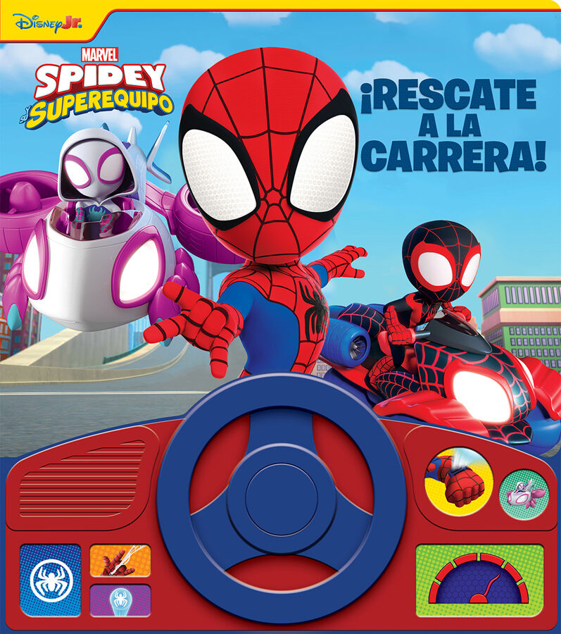Disney Jr. Marvel Spidey y su superequipo &iexcl;Rescate a la carrera! Libro sonoro con volante Libro interactivo con 13 botones de sonidos PI Kids