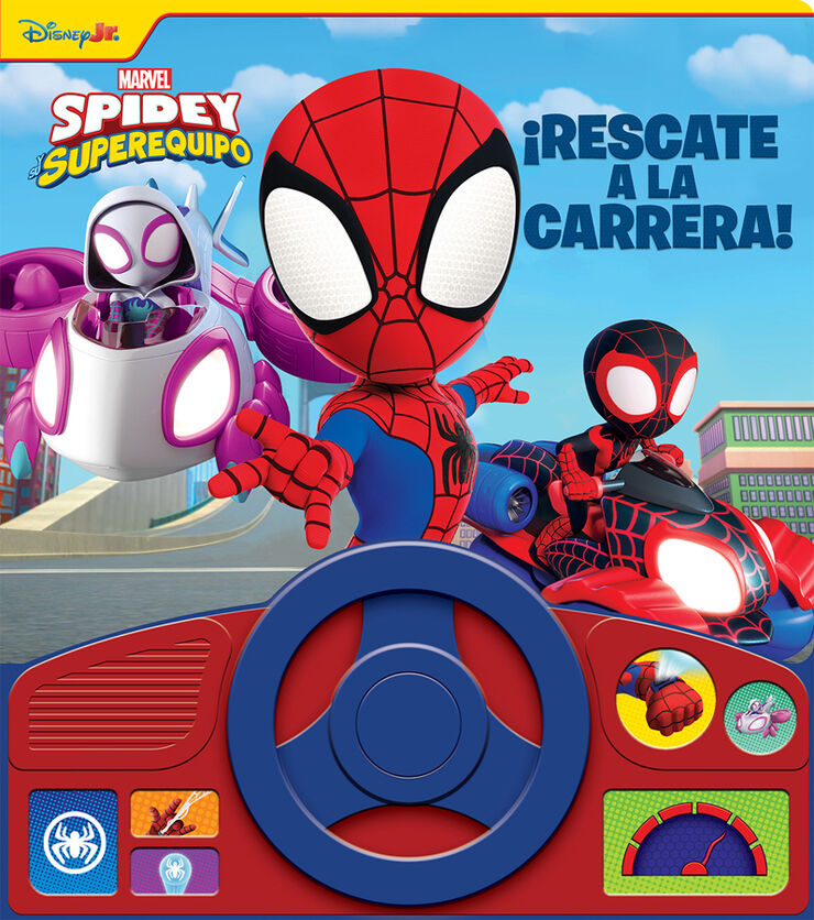 Disney Jr. Marvel Spidey y su superequipo &iexcl;Rescate a la carrera! Libro sonoro con volante Libro interactivo con 13 botones de sonidos PI Kids