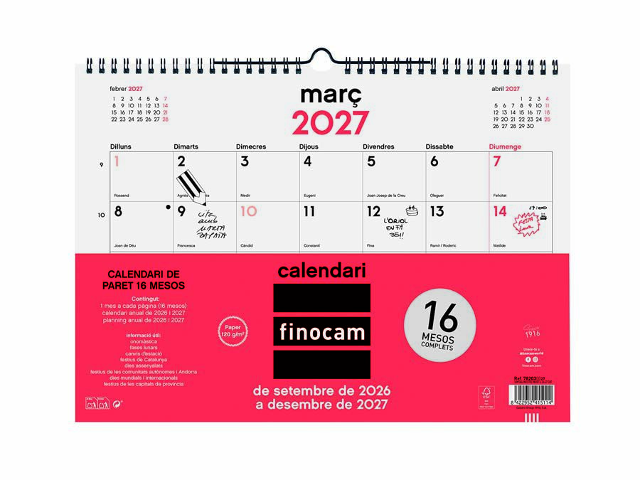 Calendario Pared Finocam 16M 34x24cm Catal&aacute;n 2026-27