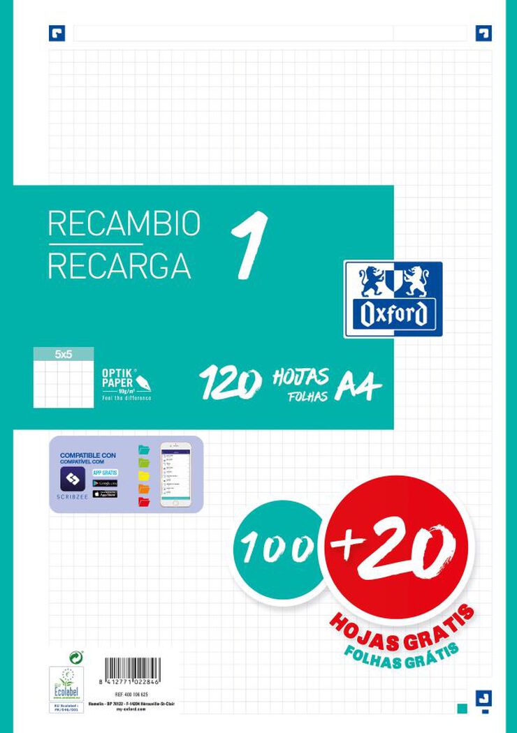 Recambio Note book 1 Oxford A4 5x5 100+20 hojas verde menta