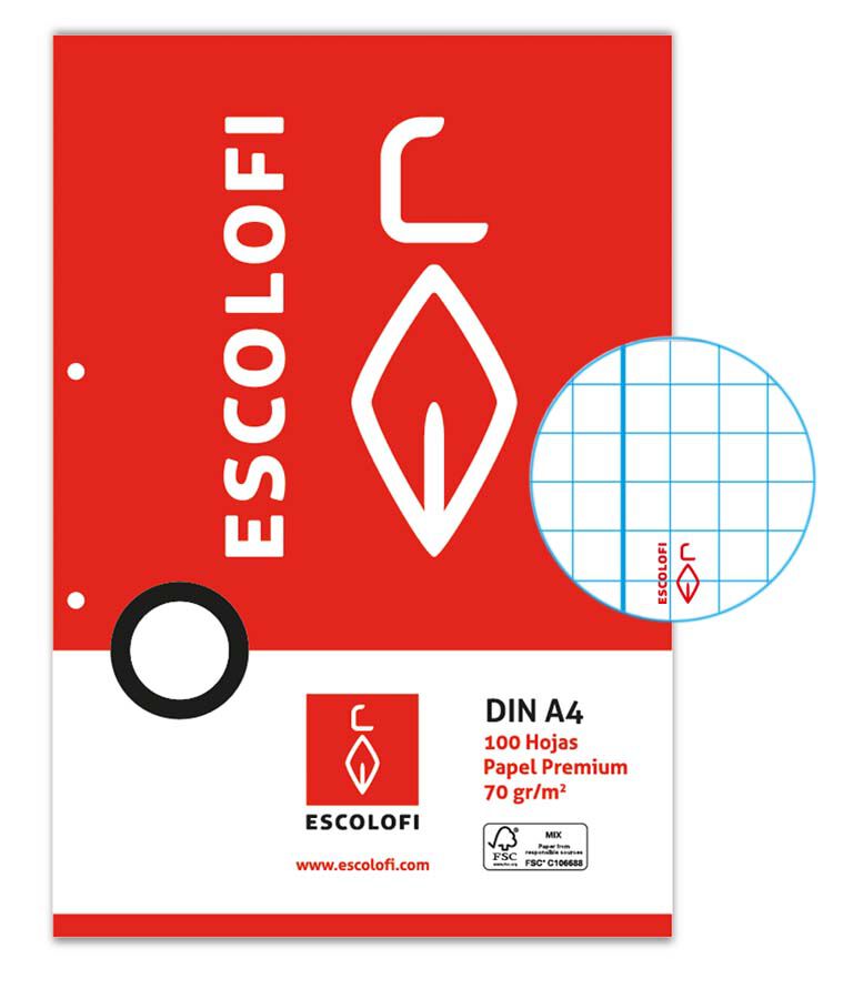 Recanvi Paper Escolofi A4 4x4 marge 2 forats 100 fulls