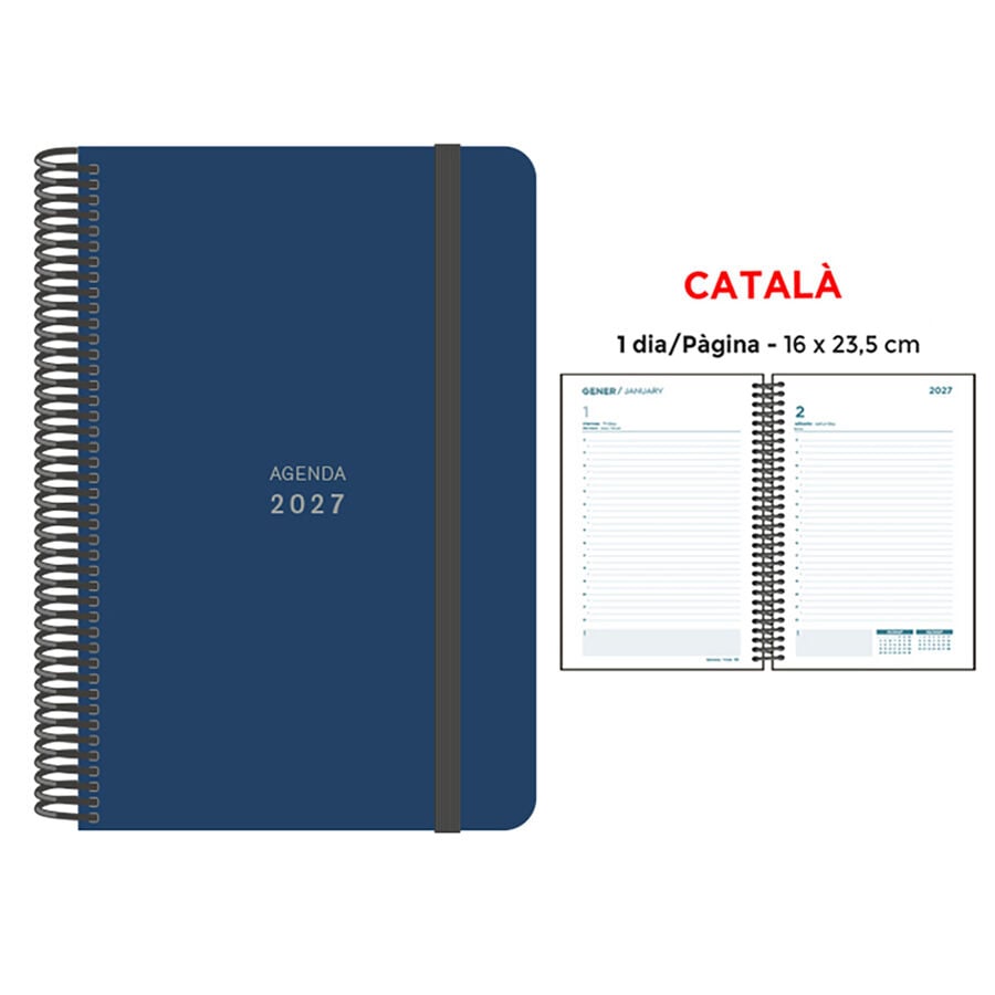 Agenda Espiral Finocam 16x23,5 cm Catal&aacute;n D&iacute;a P&aacute;gina 2027 Azul Oscuro