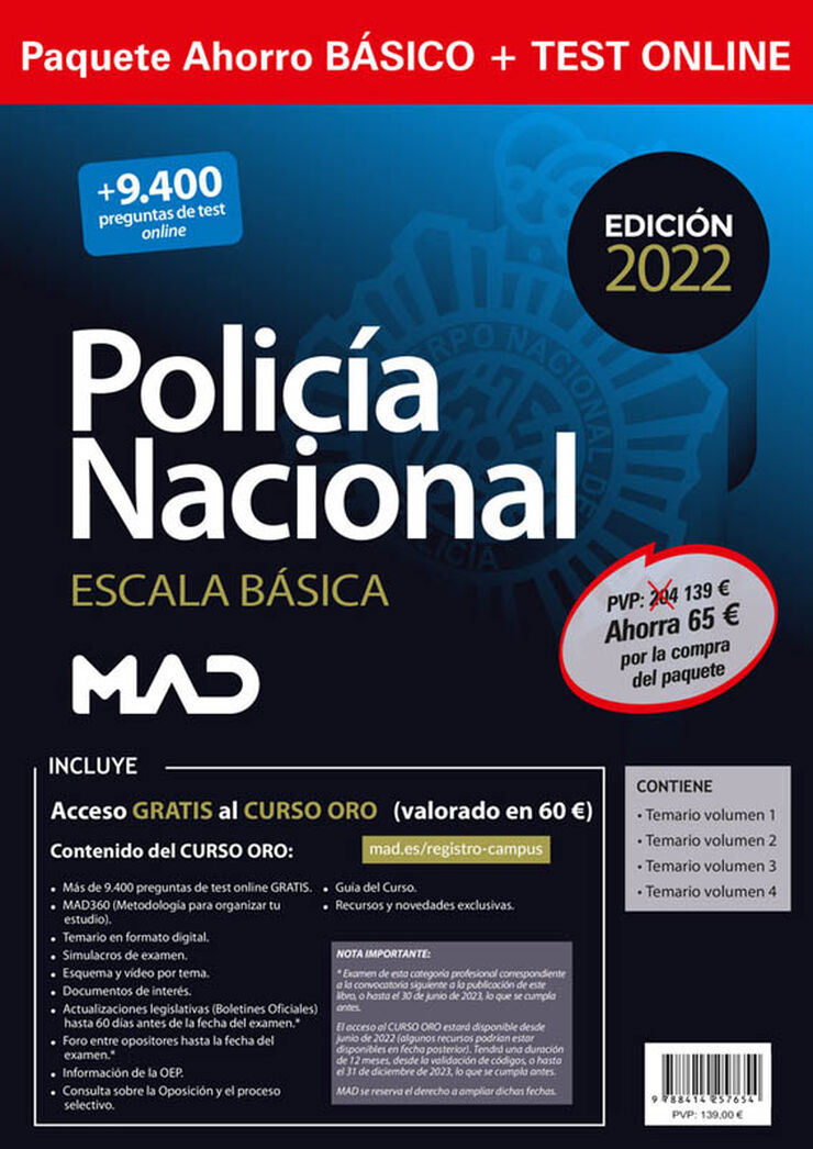 Paquete Ahorro BÁSICO + TEST ONLINE Escala Básica Policía Nacional 2022