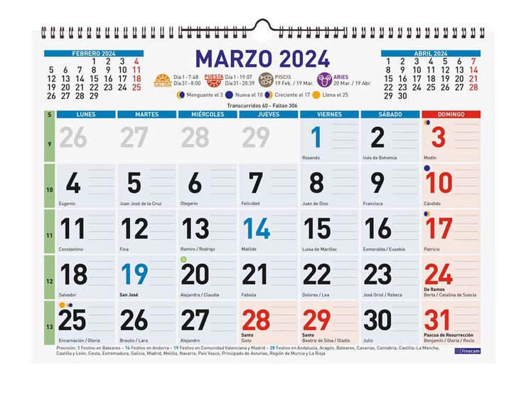 Calendario pared Finocam Color Mixto L 43X31 2024 cas
