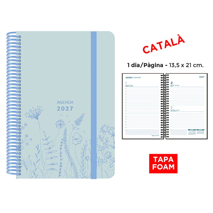 Agenda Espiral Finocam 13,5x21 cm Catal&aacute;n D&iacute;a P&aacute;gina 2027 Foam Azul