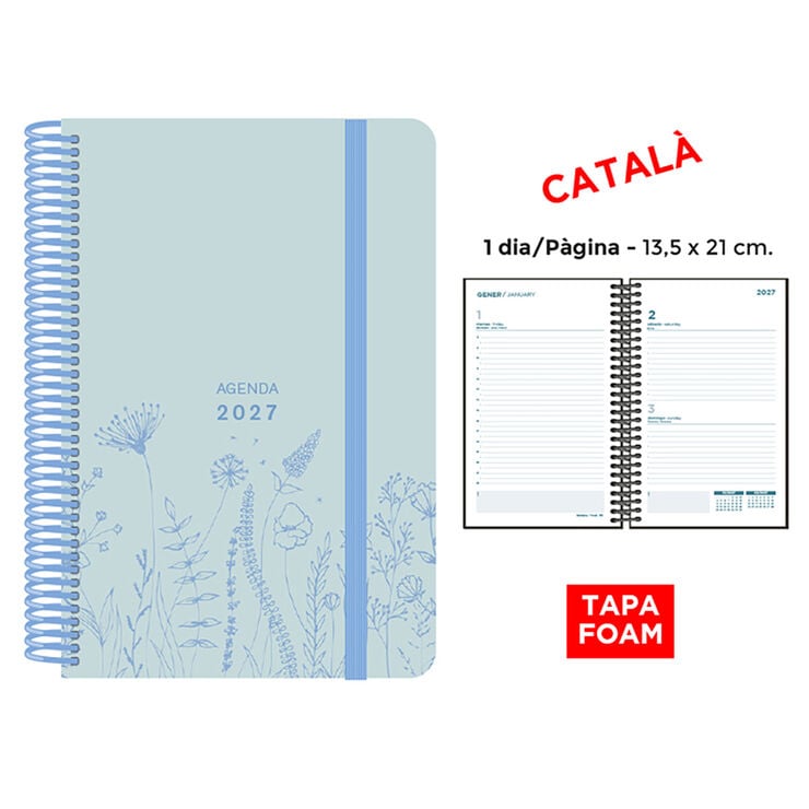 Agenda Espiral Finocam 13,5x21 cm Catal&aacute;n D&iacute;a P&aacute;gina 2027 Foam Azul