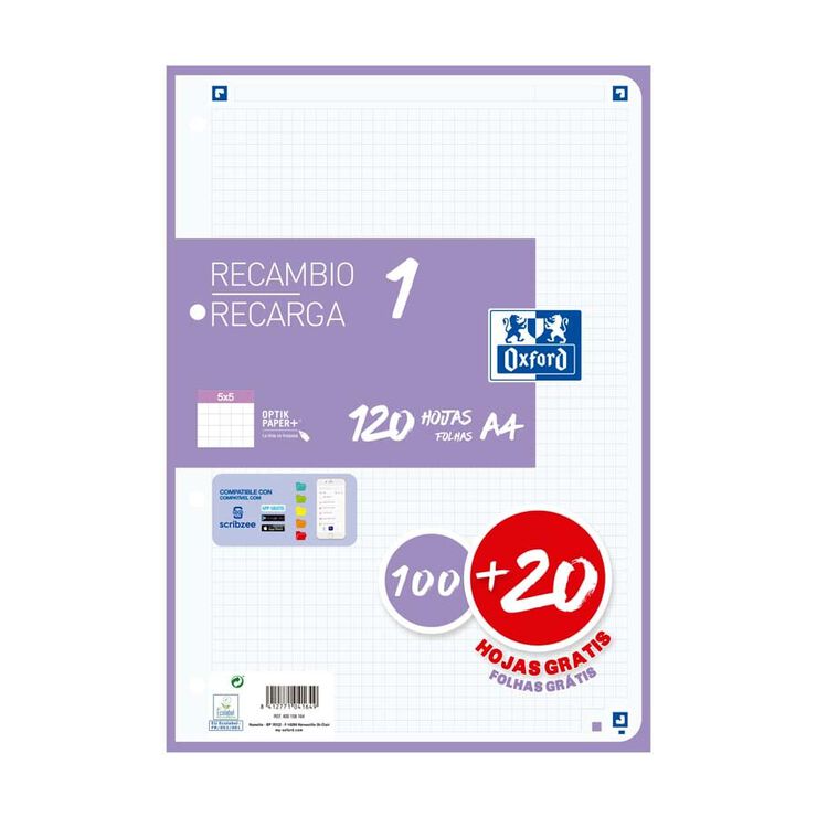 Recanvi Note book 1 Oxford A4 5x5 100+20 fulls lila