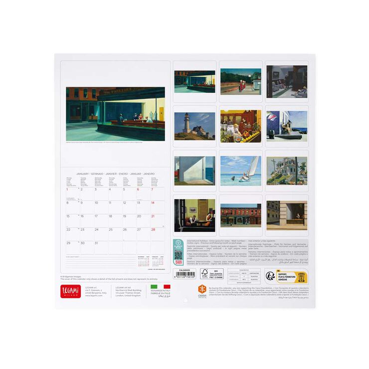 Calendario pared Legami 30X29 2024 Edward Hopper
