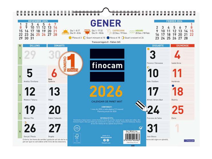 Calendario pared Finocam Color Mixto L 43x31 2026 catalán