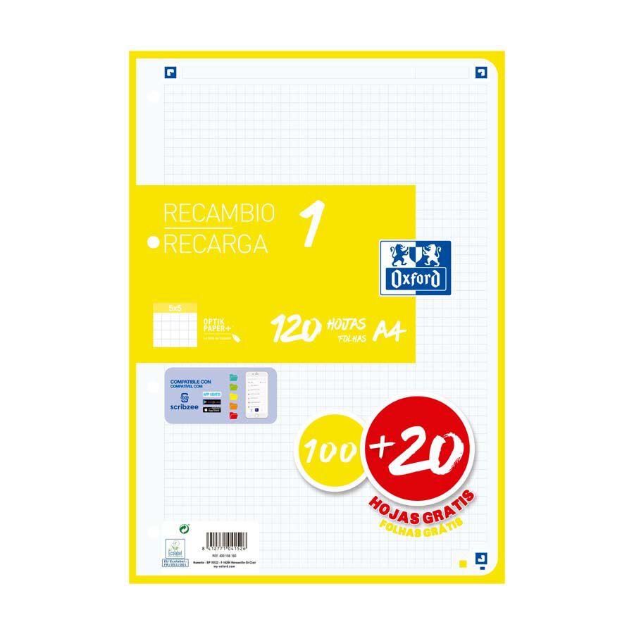 Recambio Note book 1 Oxford A4 5x5 100+20 hojas lima