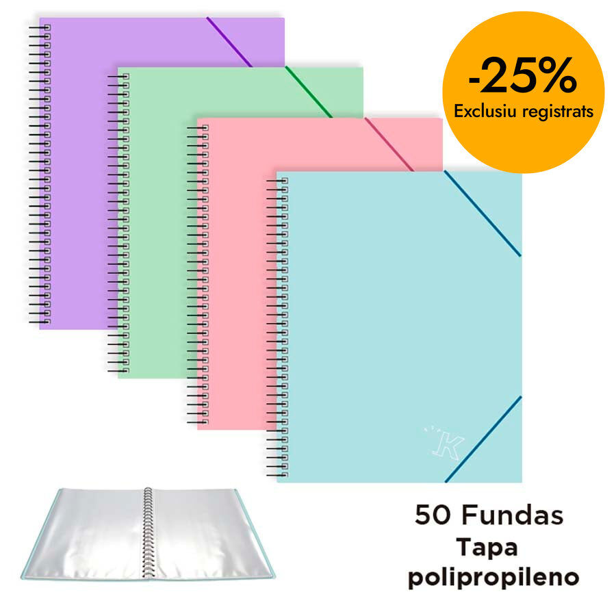 Carpeta 50 fundas espiral con goma A4 pastel