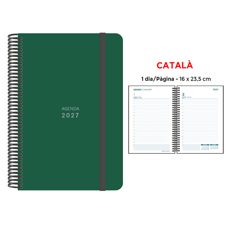 Agenda Espiral Finocam 16x23,5 cm Catal&aacute;n D&iacute;a P&aacute;gina 2027 Verde Oscuro
