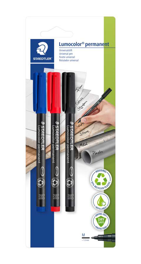 Rotuladores permanentes Staedtler Lumocolor punta M 3 colores