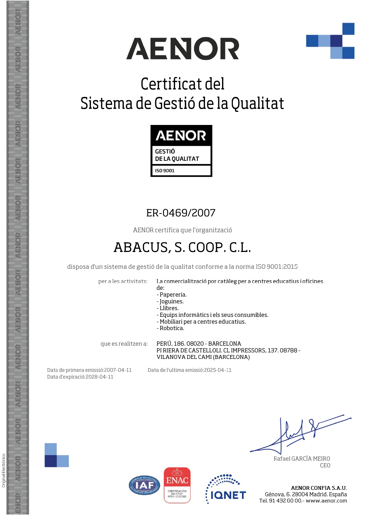 Aenor certificat de qualitat 