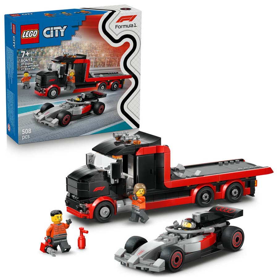 lego city camion de exposicion de f1 con coche de carreras audi f1 60493
