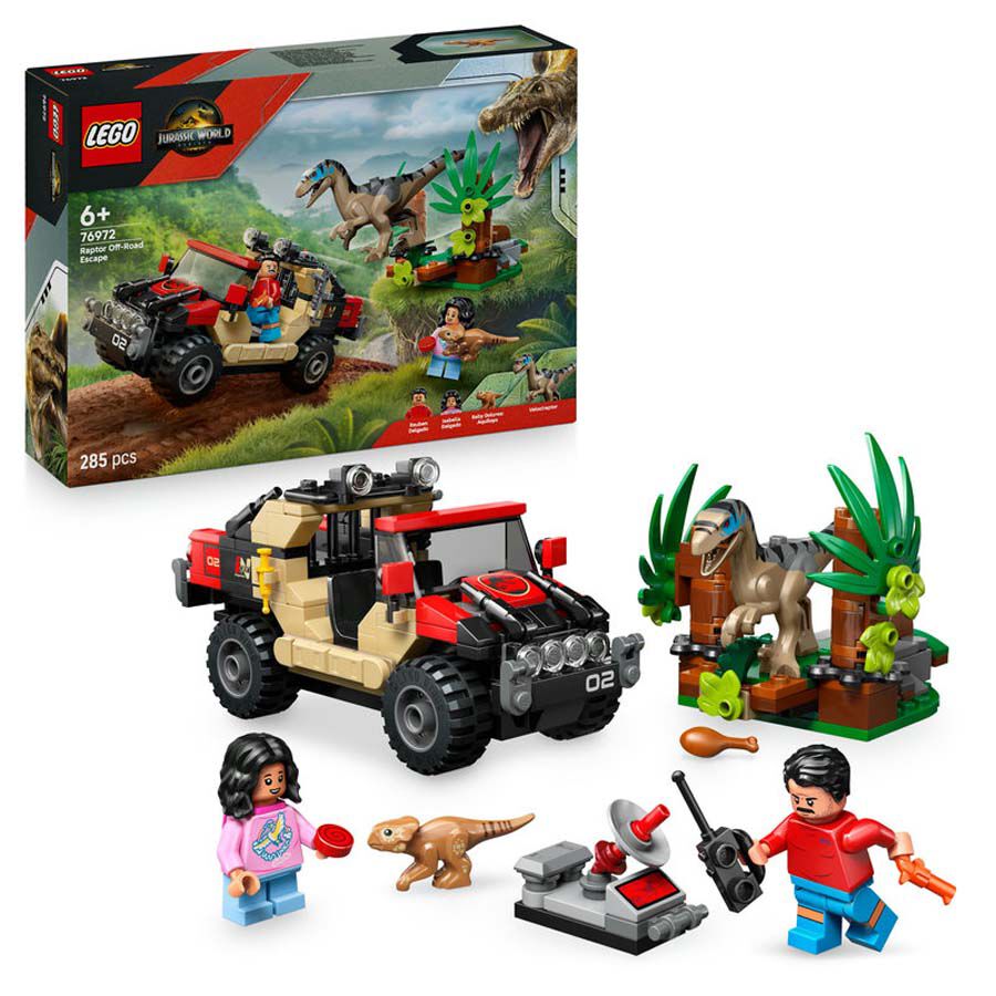 lego jurassic world huida en todoterreno y raptor al acecho 76972
