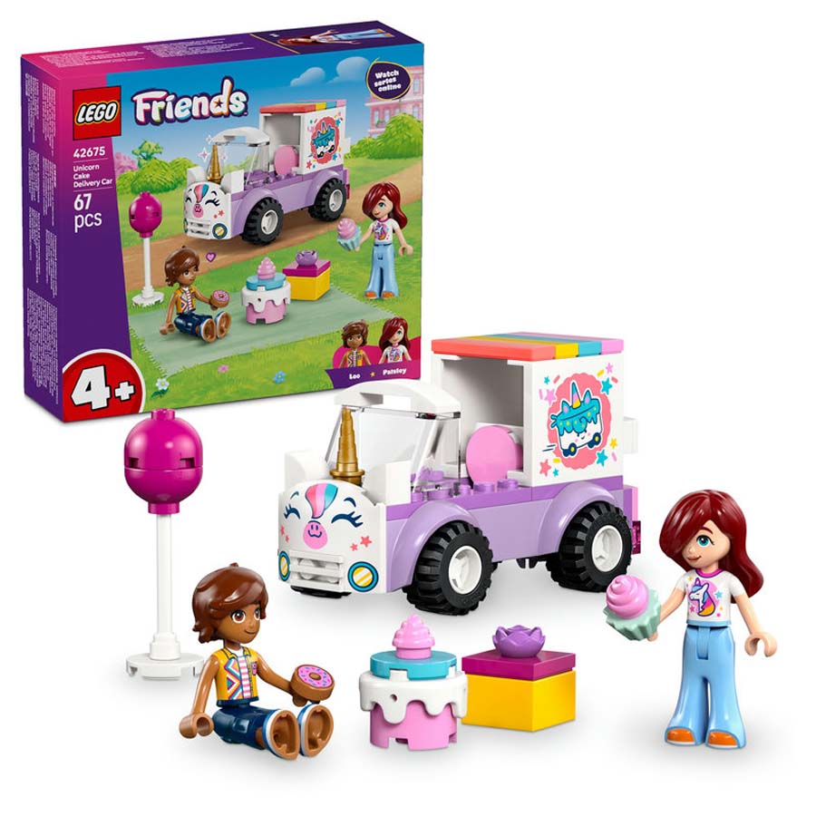 lego lego friends coche-unicornio de reparto de pasteles 42675