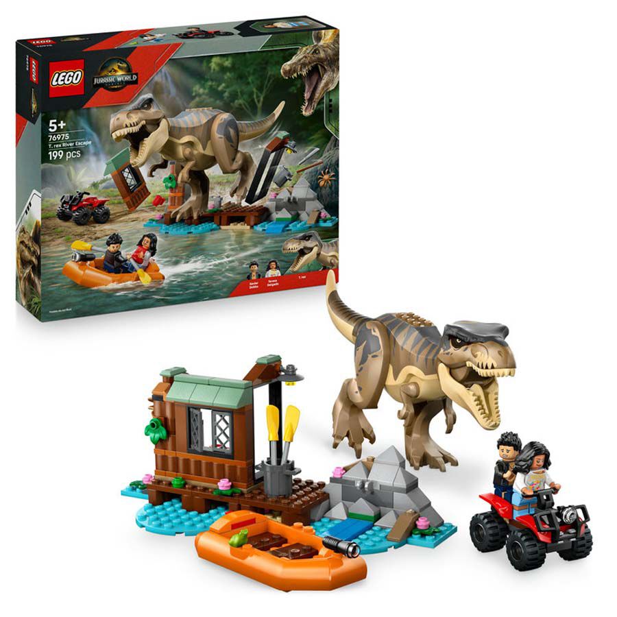 lego jurassic world huida por el rio y t rex a la caza 76975