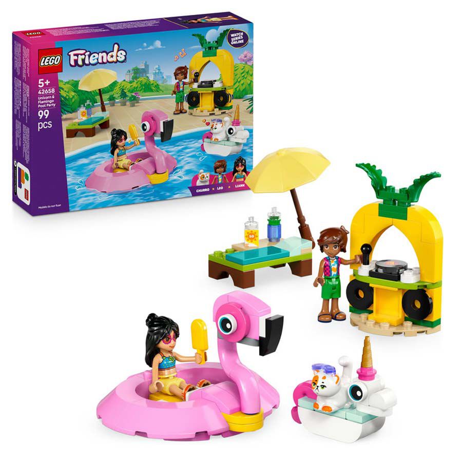 lego friends fiesta en la piscina con flamenco y unicornio 42658