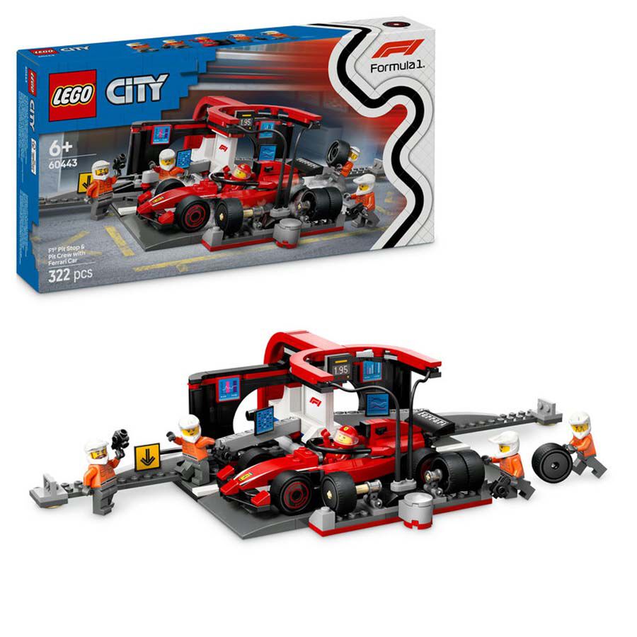 lego lego city parada en boxes de f1 y equipo de mecanicos con coche ferrari 60443